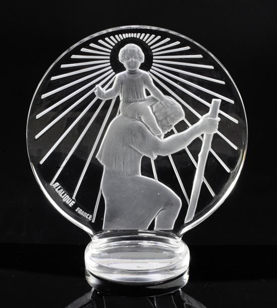 Sainte-Christophe/St. Christopher. A glass mascot by René Lalique, introduced on 1/3/1928, No.1142 height 11.5cm.